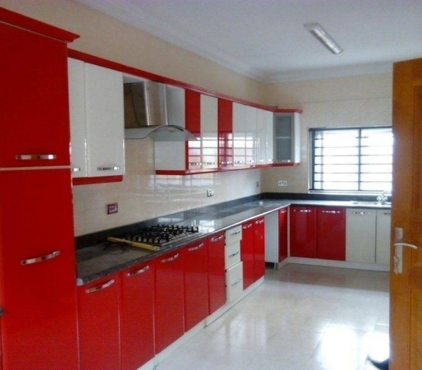 kitchen interior red and white
